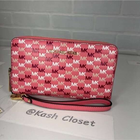 Michael Kors wristlet phone case wallet large MK Signature tea rose multi - Picture 1 of 7